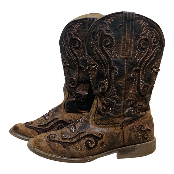 Kids Roper Brand Embroidered Leather Western Core Boots Size 1 (Little Girl) - Picture 1 of 7
